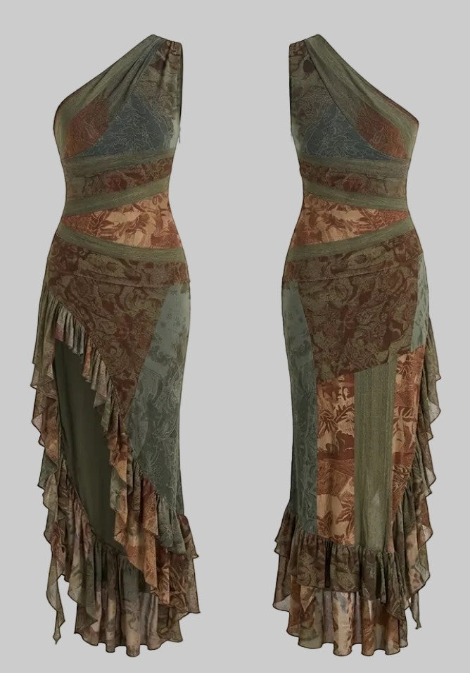 Asymmetrical Ruffle Hem Mesh Patchwork Dress with Slit