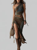 Asymmetrical Ruffle Hem Mesh Patchwork Dress with Slit