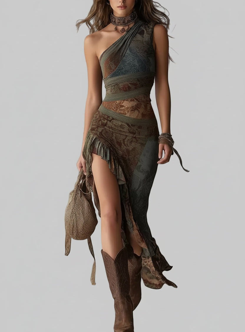 Asymmetrical Ruffle Hem Mesh Patchwork Dress with Slit