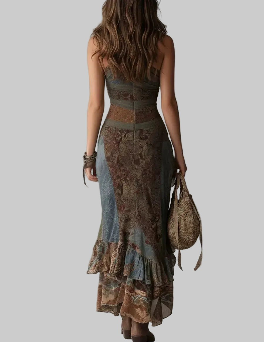 Asymmetrical Ruffle Hem Mesh Patchwork Dress with Slit