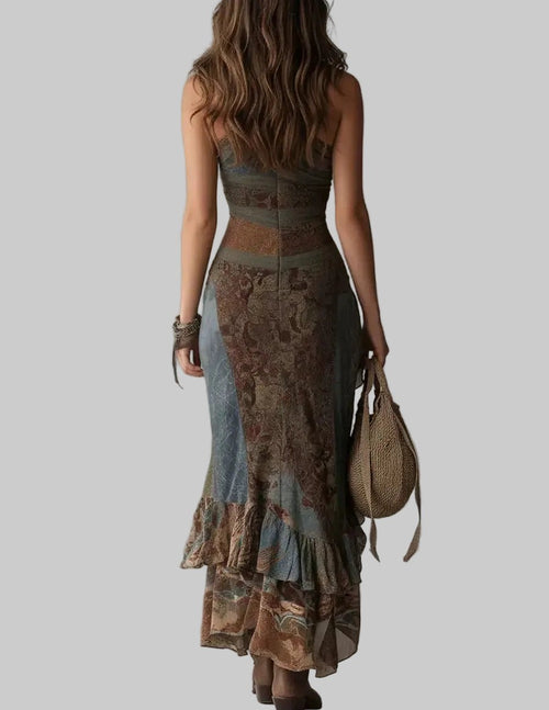 Asymmetrical Ruffle Hem Mesh Patchwork Dress with Slit