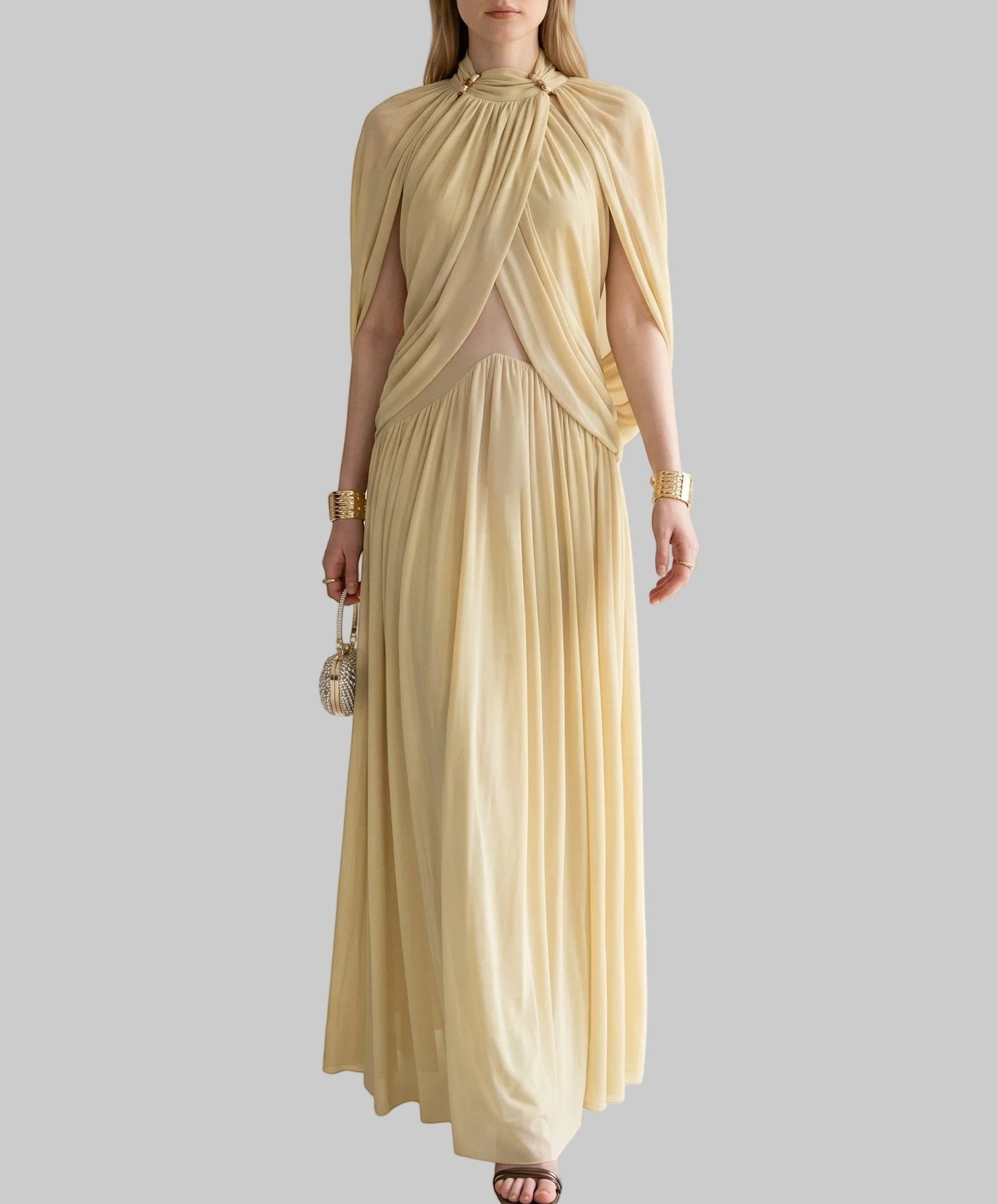 Athena Pleated Halter Maxi Dress with Cape