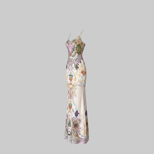 LUNRIA Baroque Chalice Print Satin Slip Maxi Dress with spaghetti straps and a column silhouette.