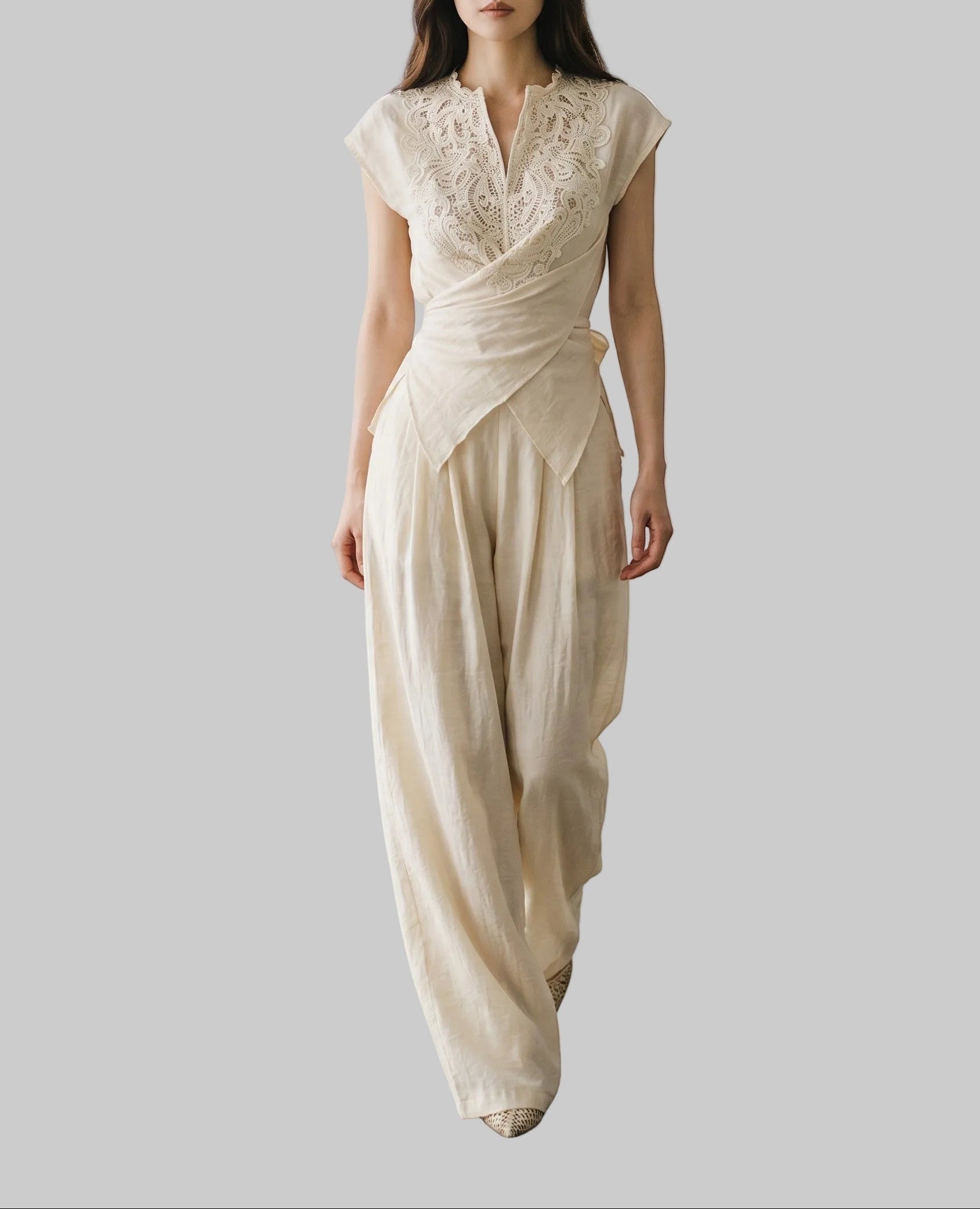 French Cottage Asymmetric Wrap Linen Pant Set