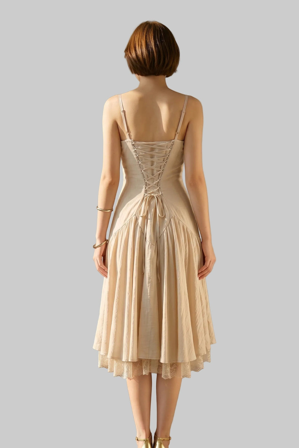 Corset Backless Satin Midi Dress with Layered Lace
