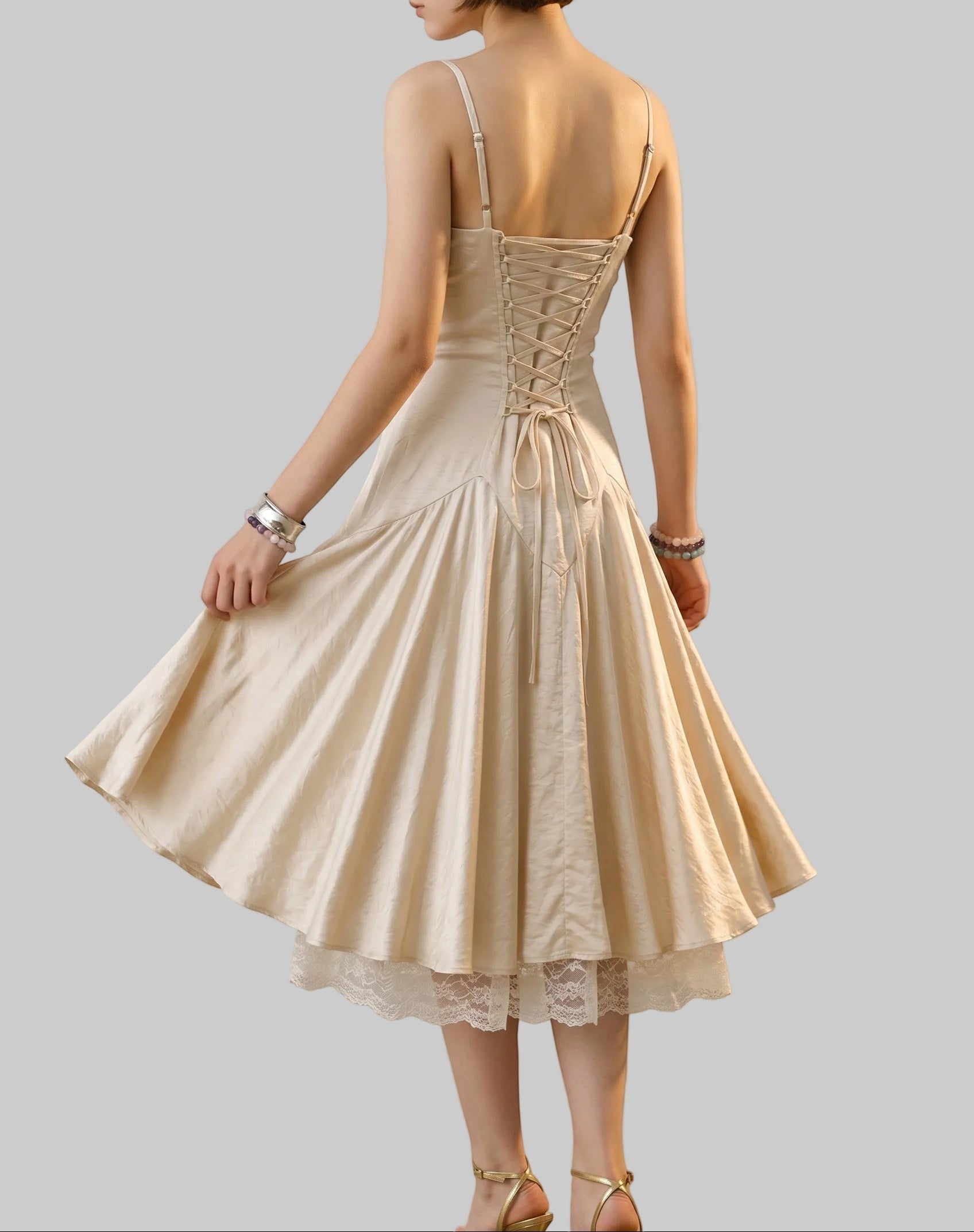 Corset Backless Satin Midi Dress with Layered Lace