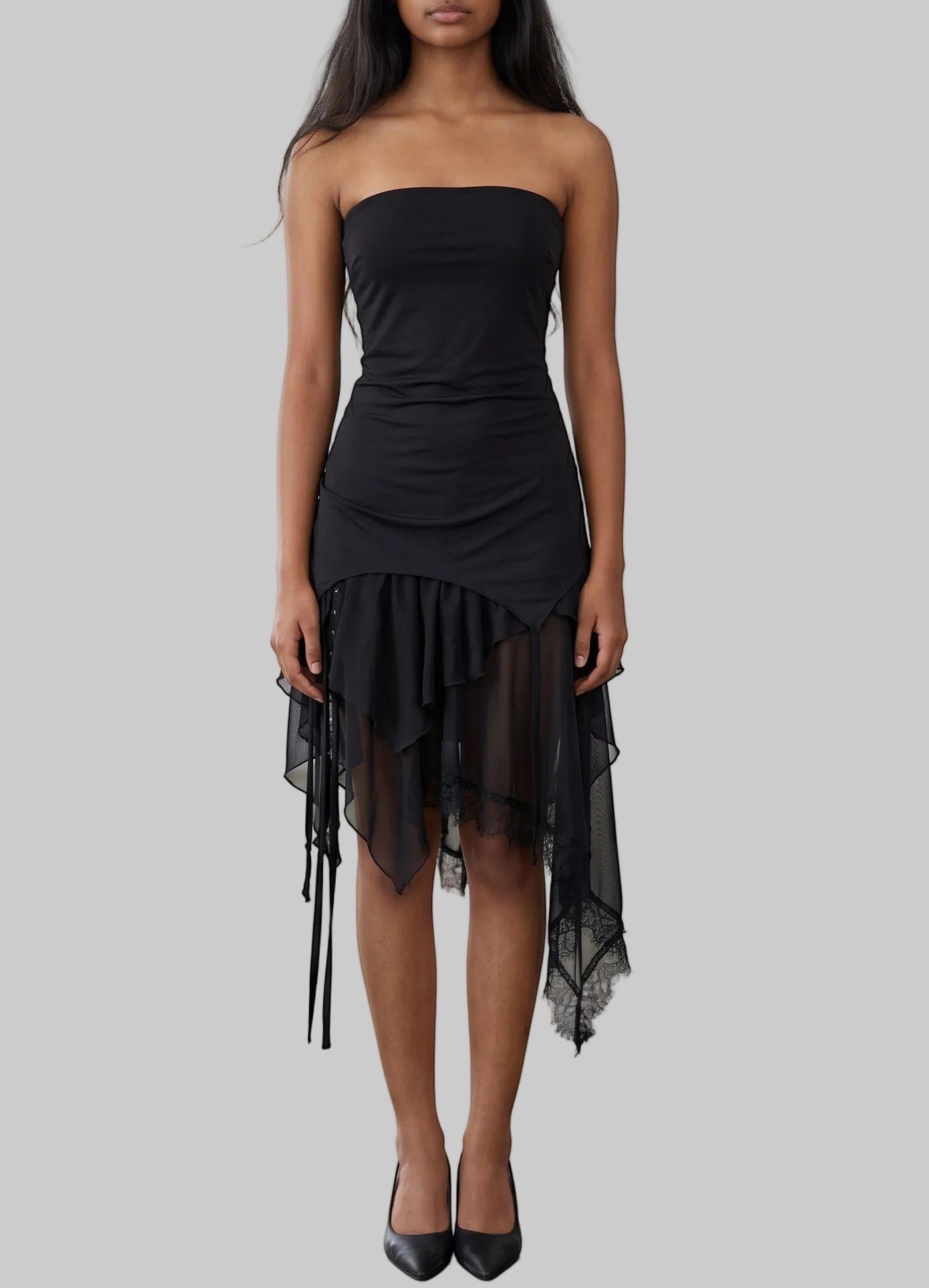 Strapless Asymmetric Mesh Ruffle Dress