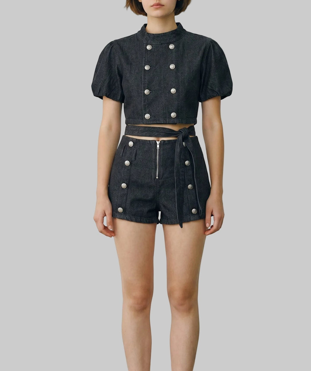 Structured Sailor Button Crop Top & Belted Short Set