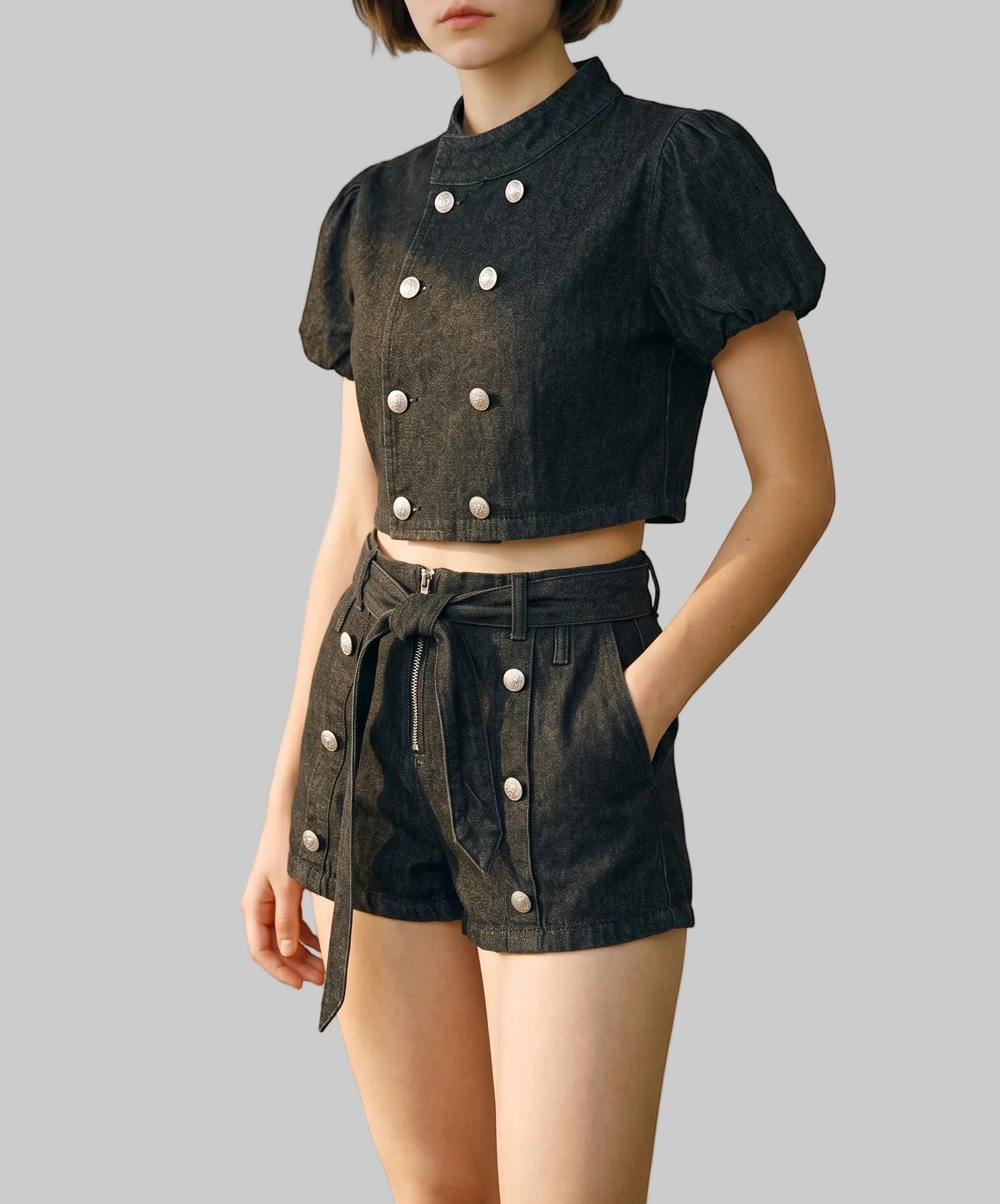 Structured Sailor Button Crop Top & Belted Short Set