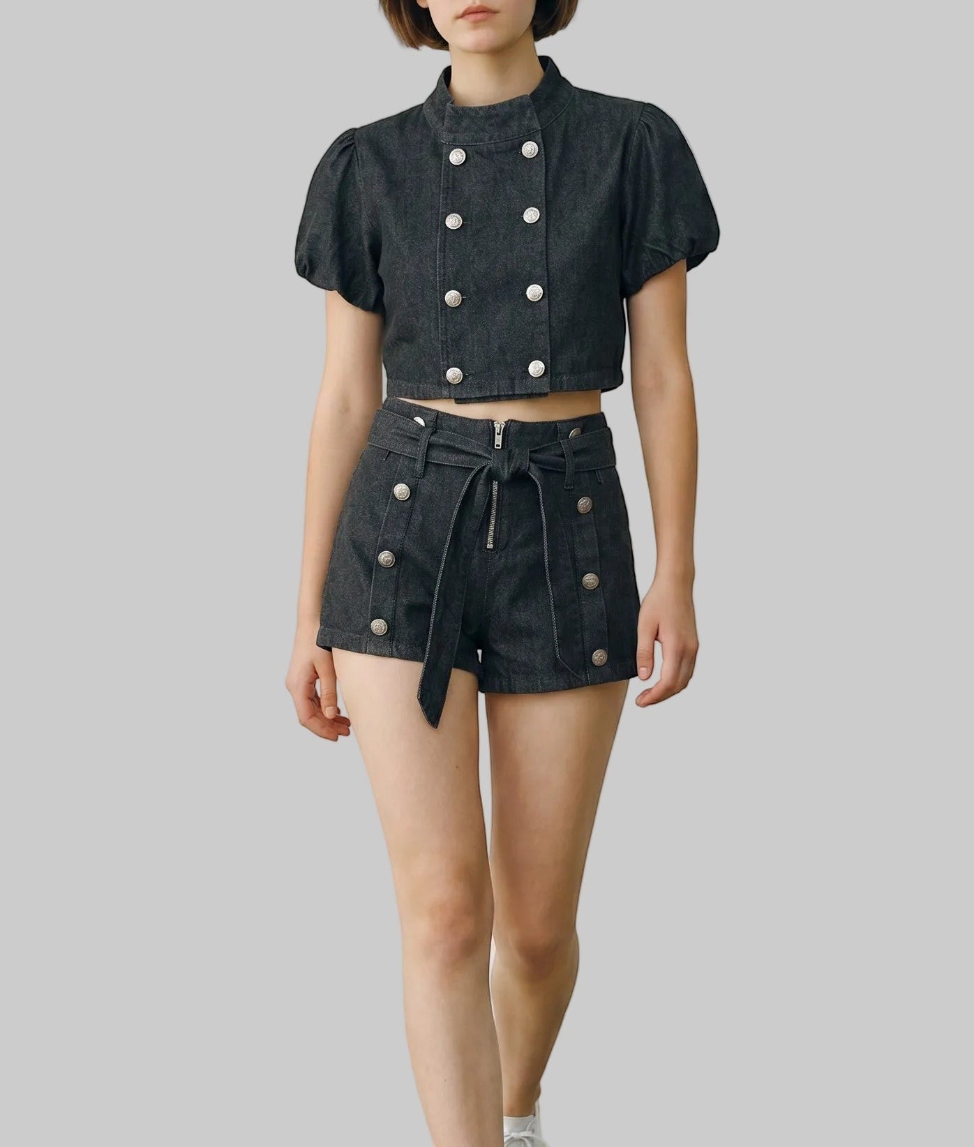 Structured Sailor Button Crop Top & Belted Short Set