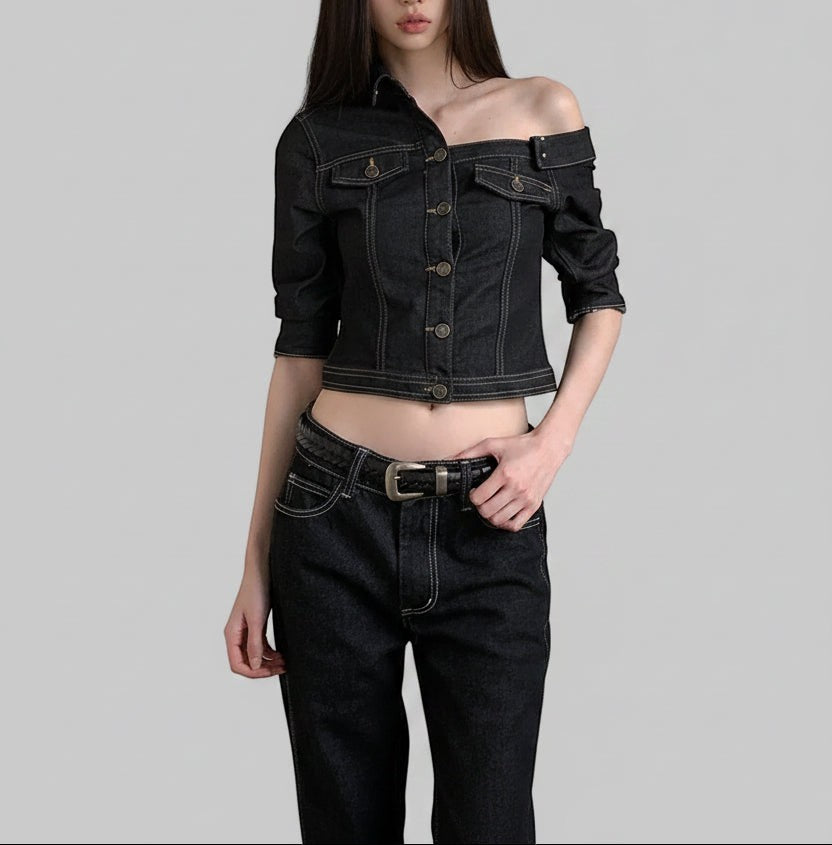 Retro Contrast-Stitch Cropped Denim Top with Gunmetal Hardware
