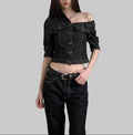 Retro Contrast-Stitch Cropped Denim Top with Gunmetal Hardware