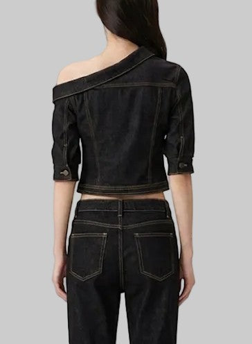 Retro Contrast-Stitch Cropped Denim Top with Gunmetal Hardware