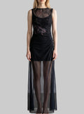 LUNRIA black floral mesh maxi dress featuring a sheer overlay, ruched waist detailing, sleeveless silhouette, and floor-length design.