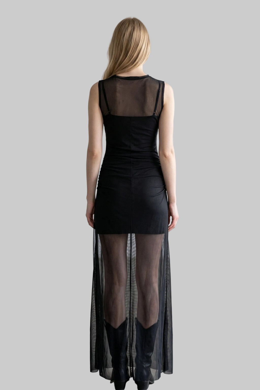 LUNRIA black floral mesh maxi dress featuring a sheer overlay, ruched waist detailing, sleeveless silhouette, and floor-length design.