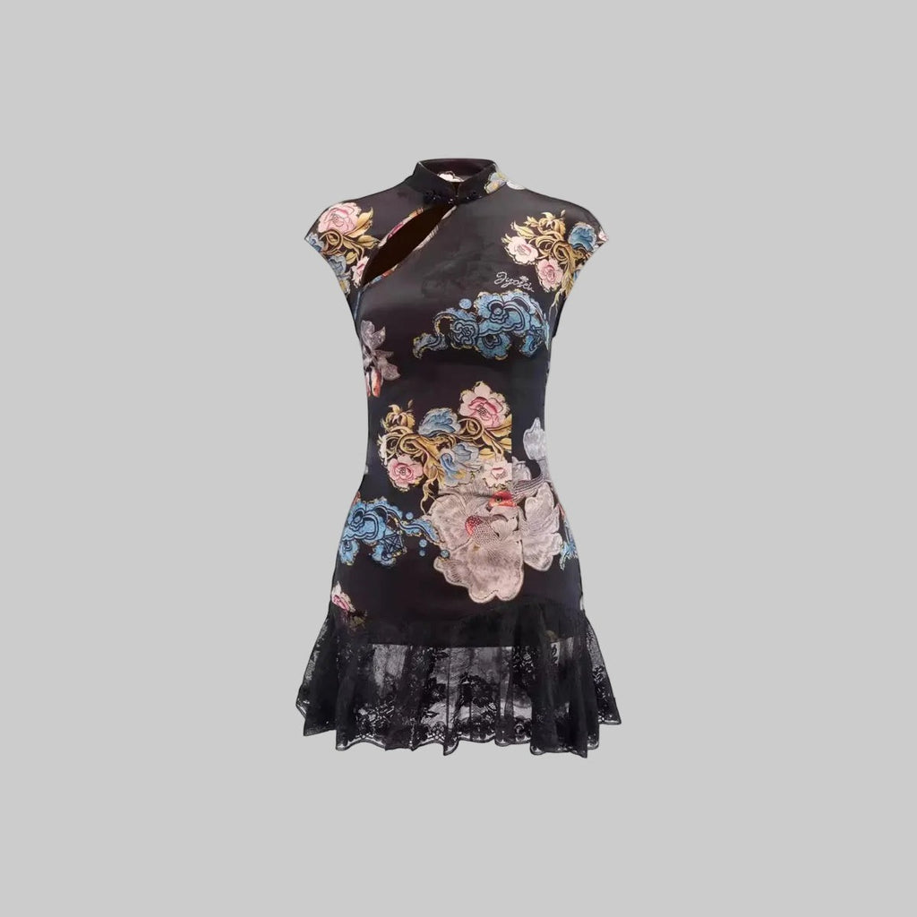 Vintage Oriental Floral Print Mini Dress