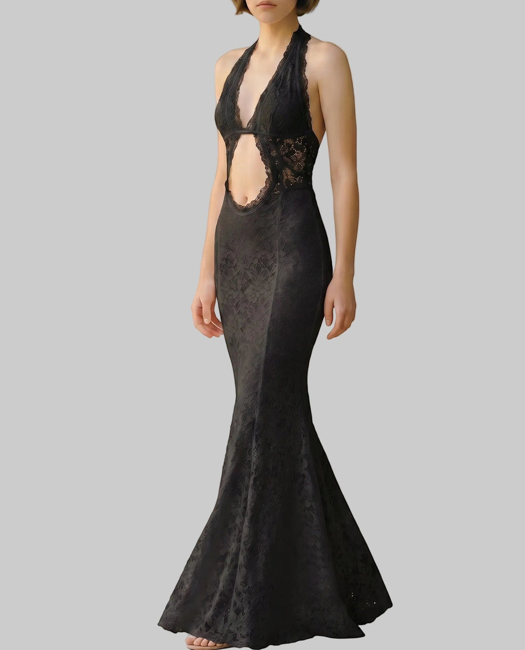 Gothic Lace Halter Maxi Cover-Up Dress & Bikini 3-Piece Set