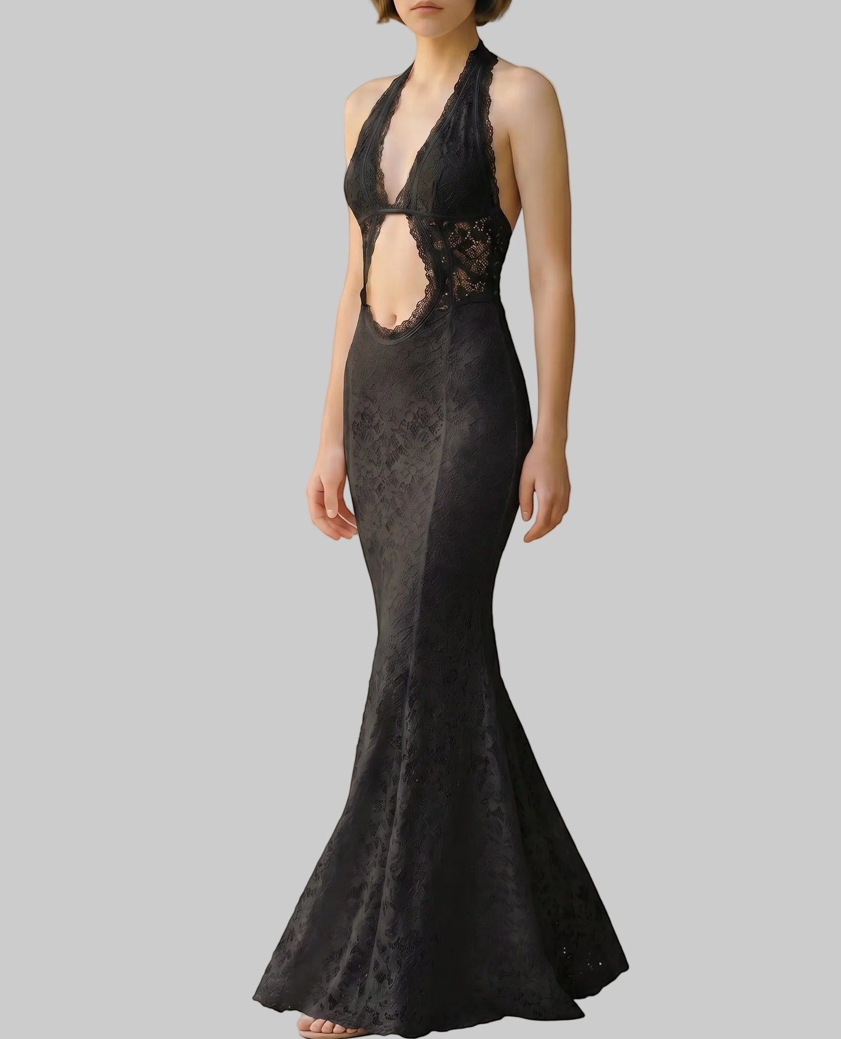 Gothic Lace Halter Maxi Cover-Up Dress & Bikini 3-Piece Set