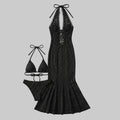 Gothic Lace Halter Maxi Cover-Up Dress & Bikini 3-Piece Set