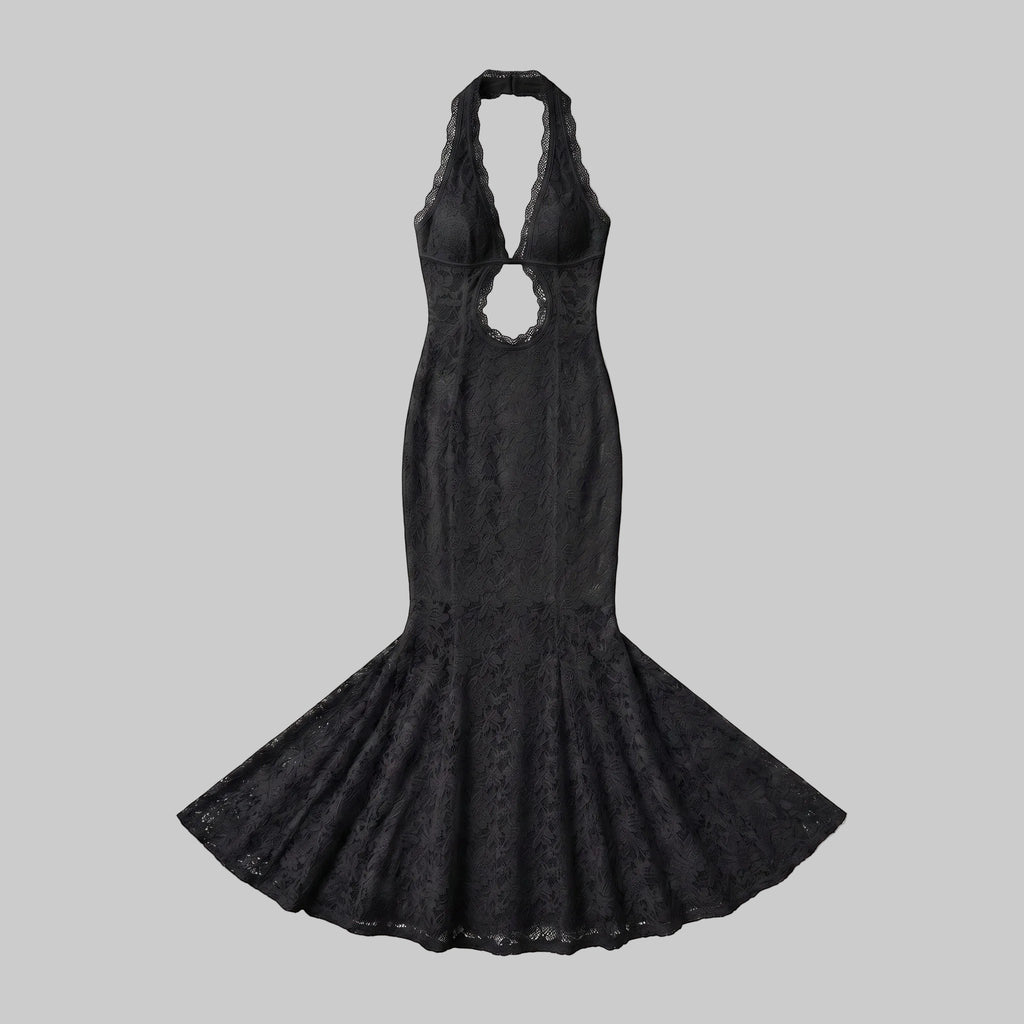 Gothic Lace Halter Maxi Cover-Up Dress & Bikini 3-Piece Set