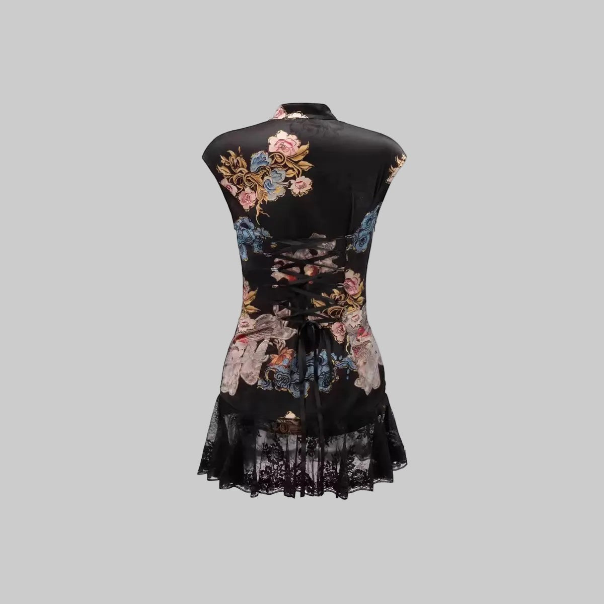 Vintage Oriental Floral Print Mini Dress