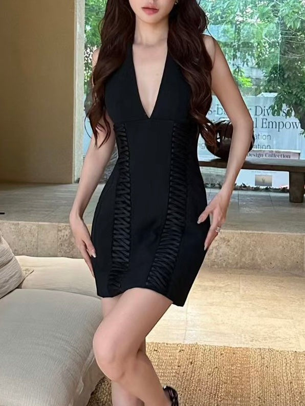 Black Plunging V-Neck Corset-Style Bodycon Mini Dress