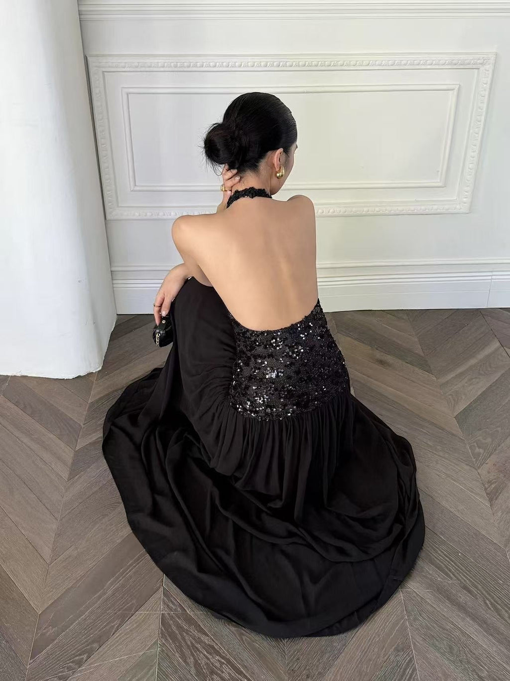 Elegant Black Sequin Halter Evening Gown