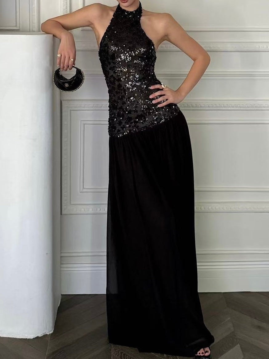 Elegant Black Sequin Halter Evening Gown