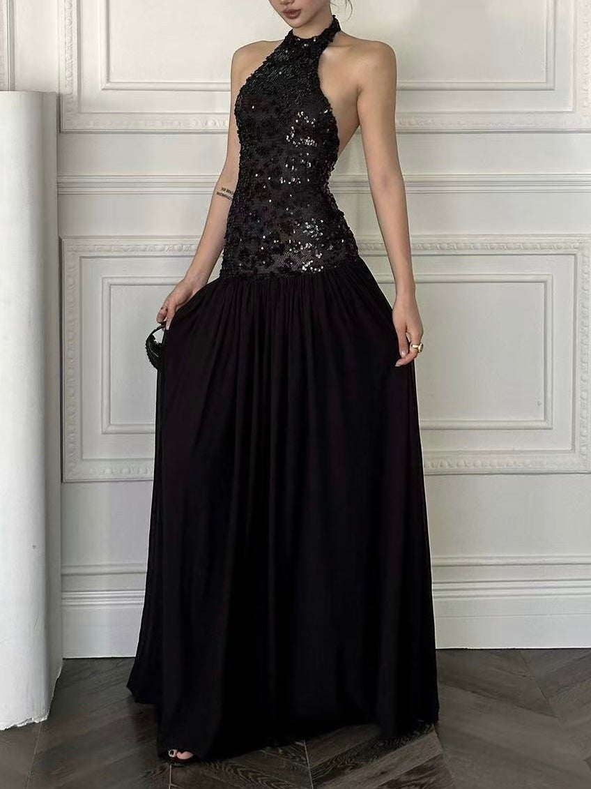 Elegant Black Sequin Halter Evening Gown