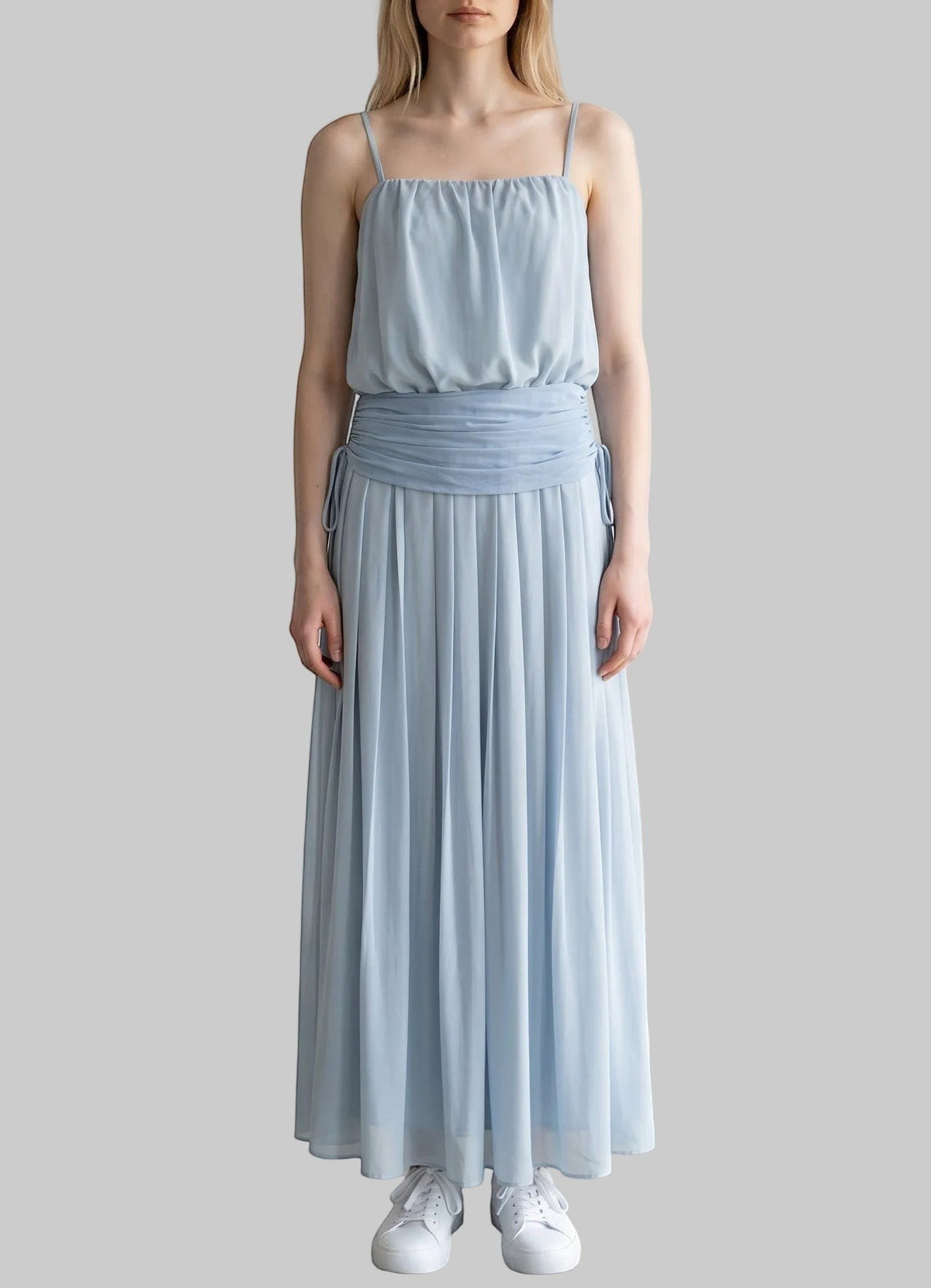 LUNRIA light blue cami maxi dress featuring delicate spaghetti straps, a pleated drop-waist design, ruched waistband, and flowing maxi skirt.
