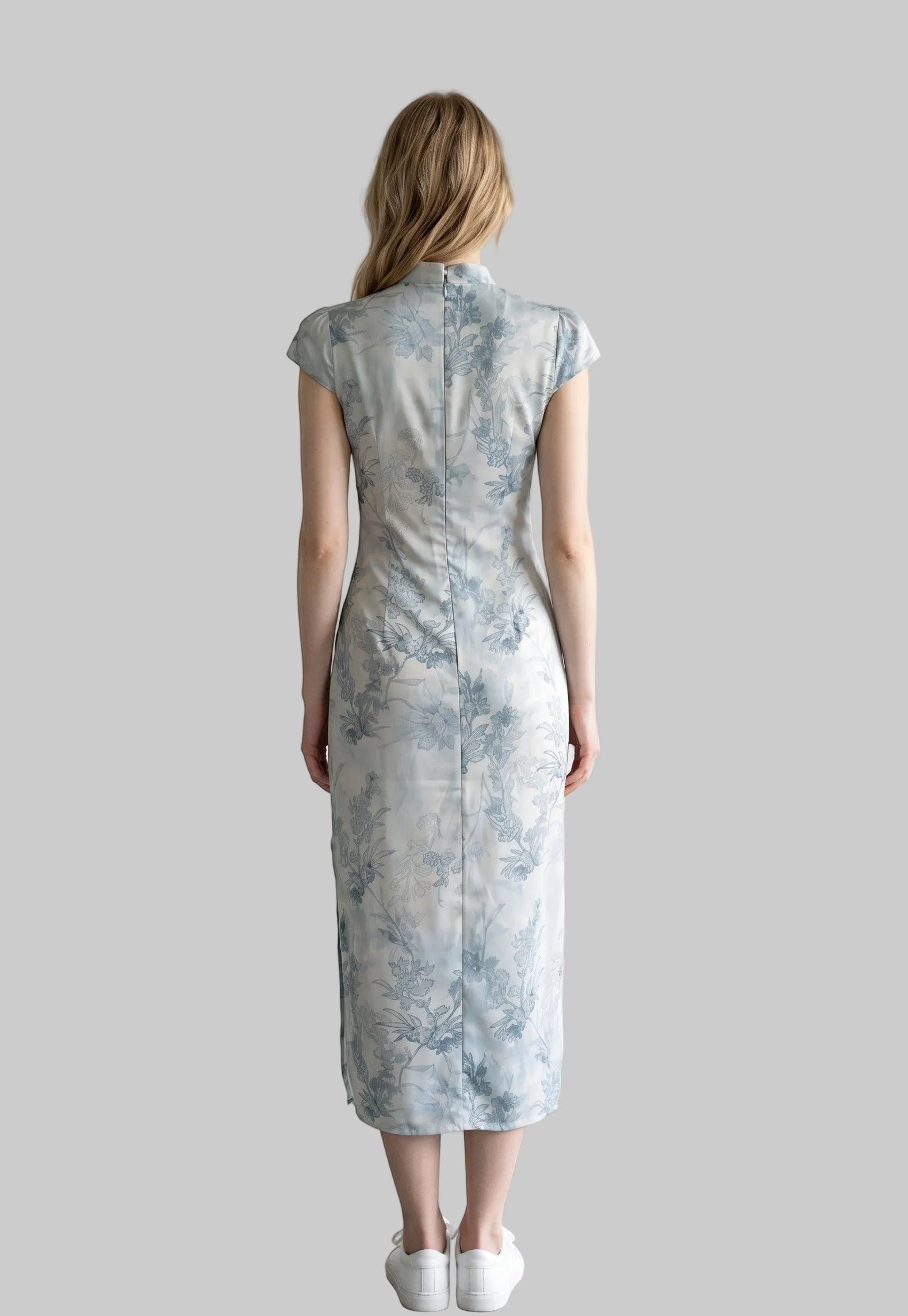 Porcelain Blue Cap Sleeve Cheongsam Dress