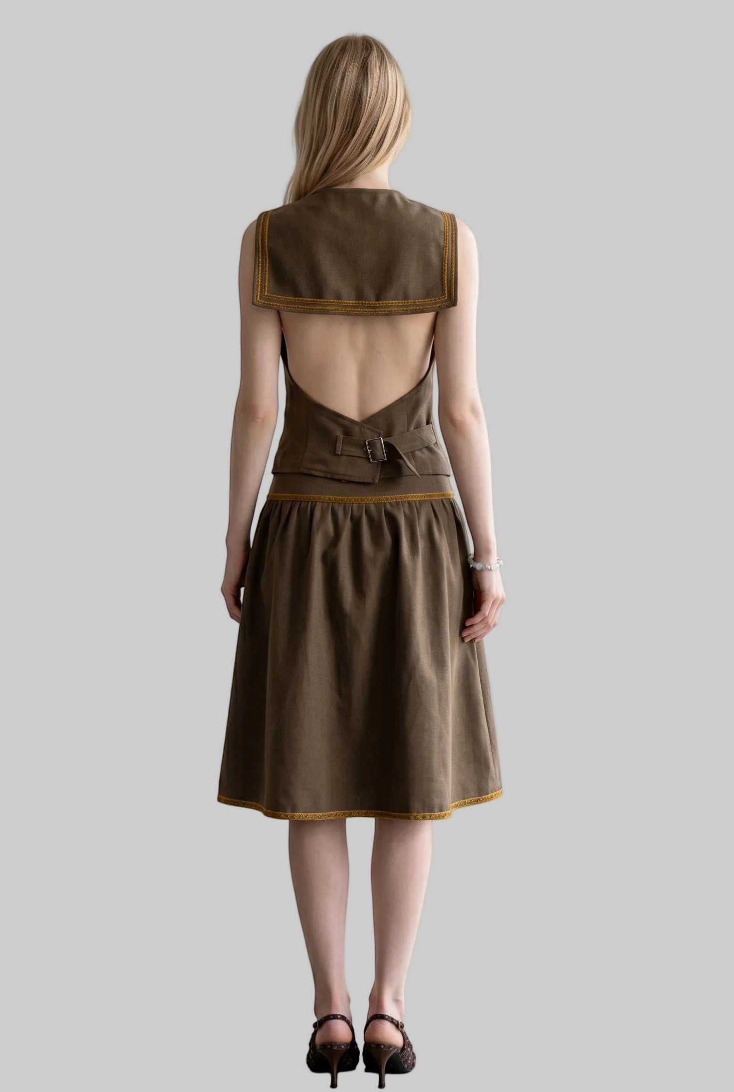 Contrast Trim Backless Linen Vest & Skirt Set