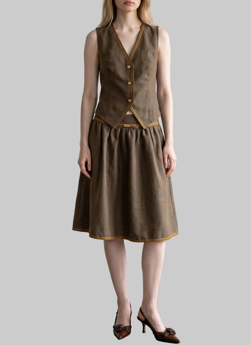 Contrast Trim Backless Linen Vest & Skirt Set