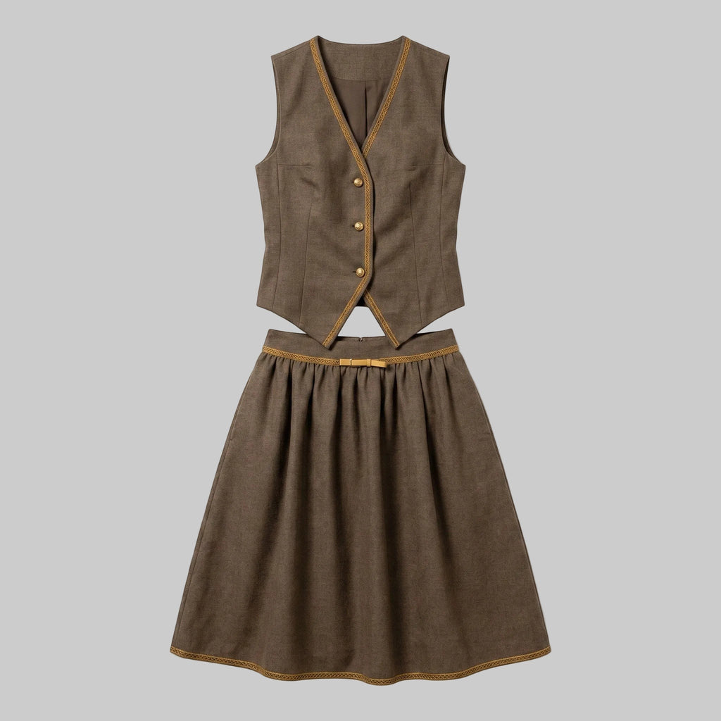 Contrast Trim Backless Linen Vest & Skirt Set
