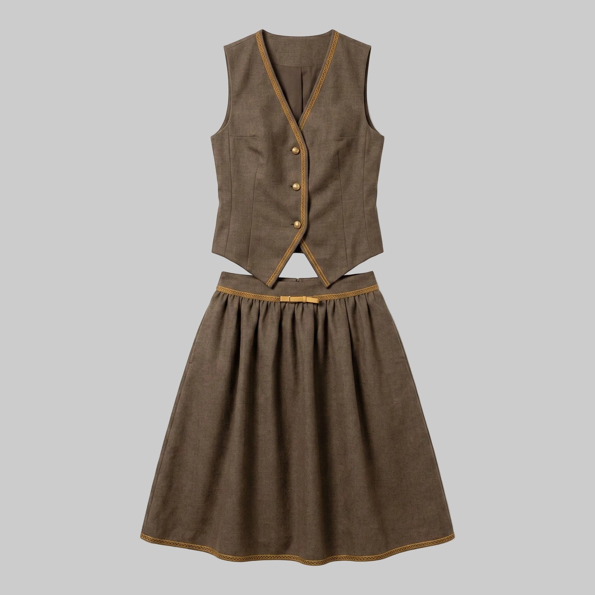 Contrast Trim Backless Linen Vest & Skirt Set
