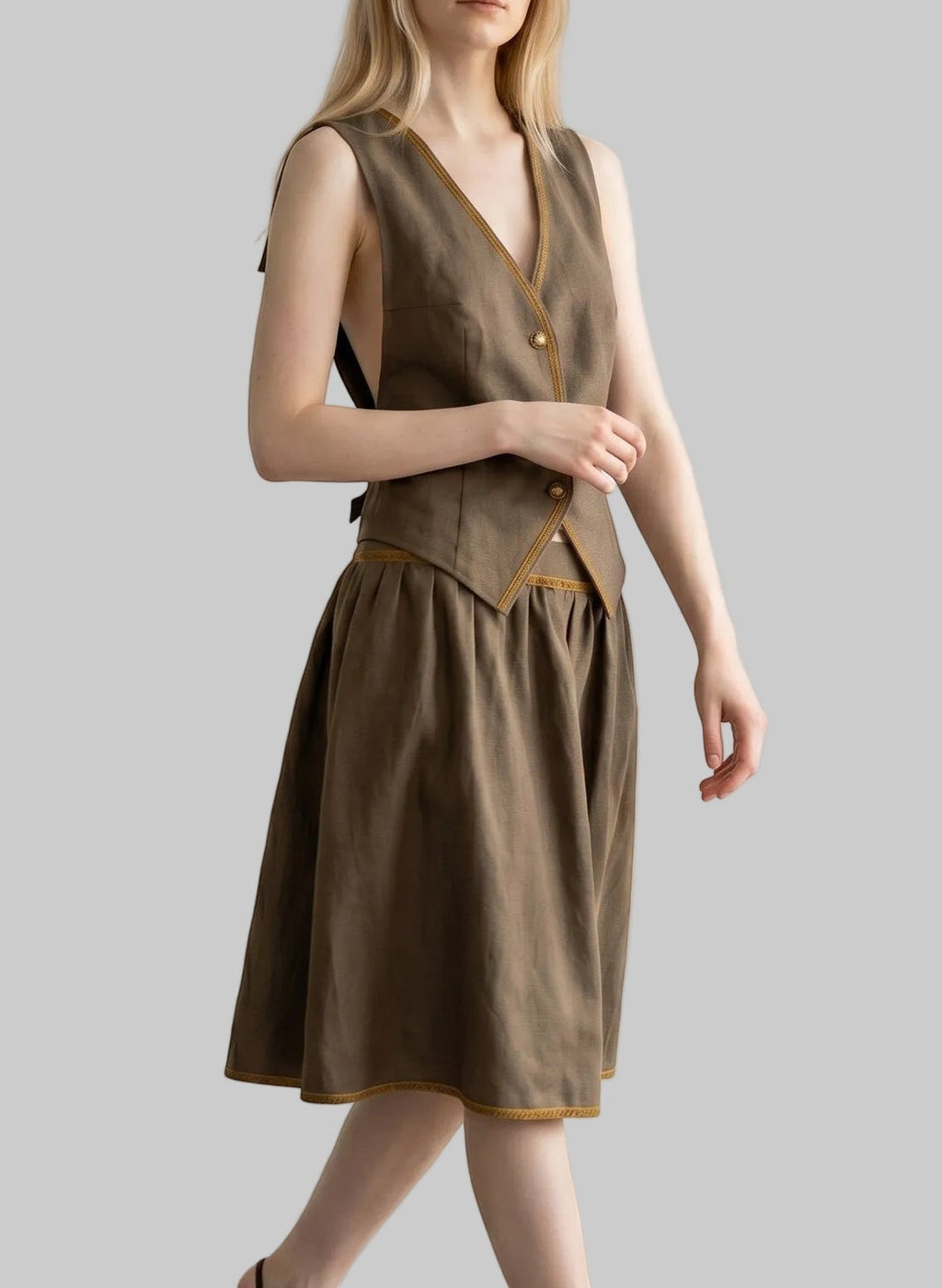 Contrast Trim Backless Linen Vest & Skirt Set