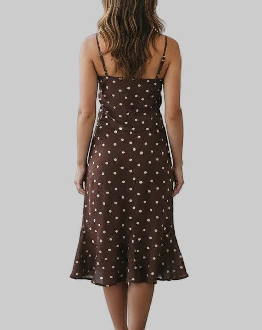 LUNRIA brown polka dot two-piece set featuring a lace-trim cami crop top and matching high-waisted midi skirt with a flared hem.