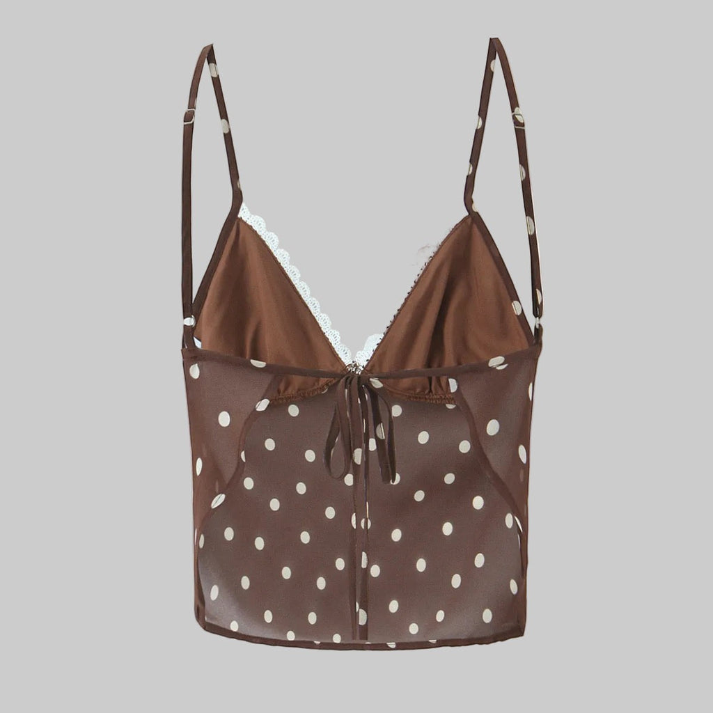 LUNRIA brown polka dot two-piece set featuring a lace-trim cami crop top and matching high-waisted midi skirt with a flared hem.