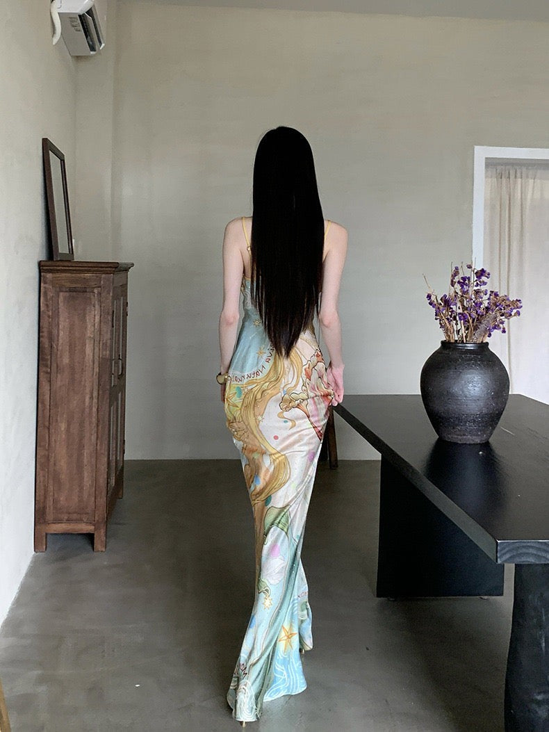 Celestial Printed Satin Maxi Dress