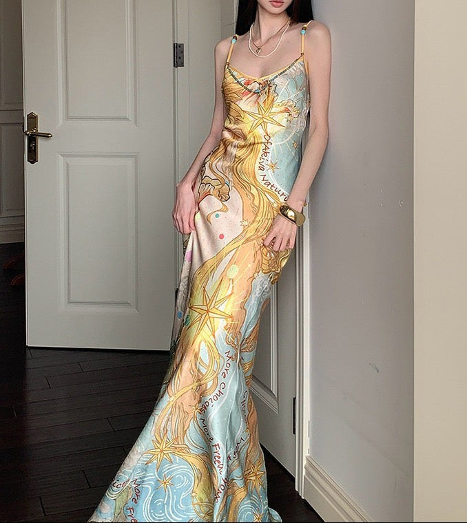 Celestial Printed Satin Maxi Dress