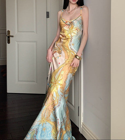 Celestial Printed Satin Maxi Dress