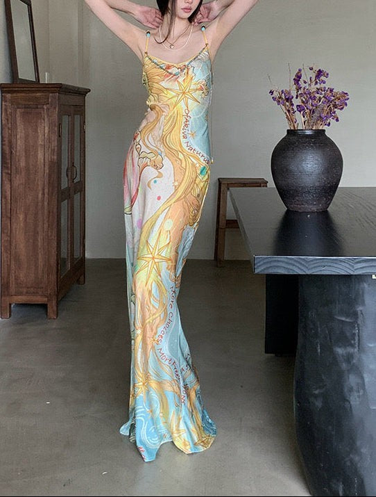 Celestial Printed Satin Maxi Dress