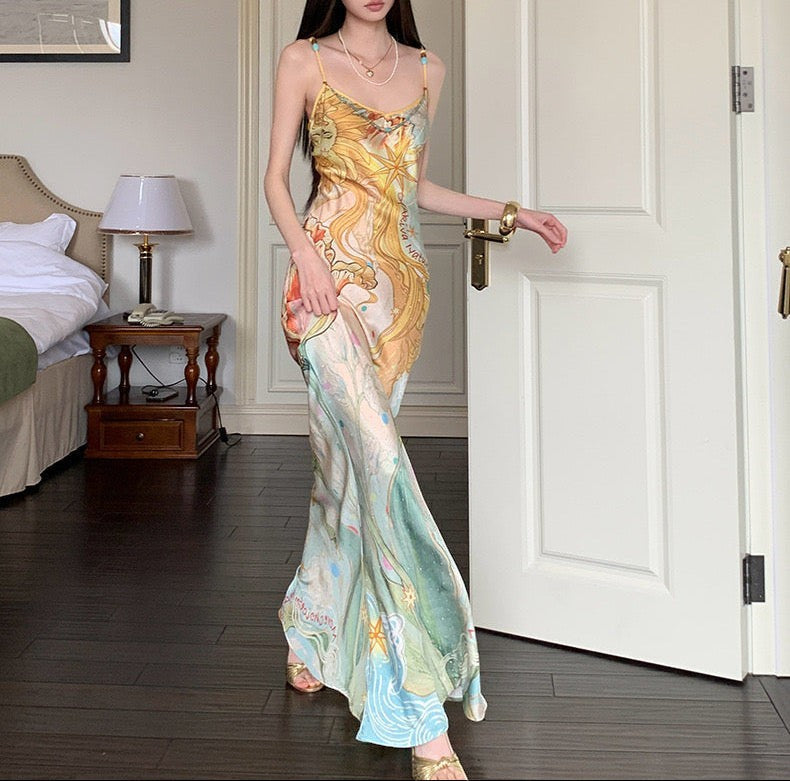 Celestial Printed Satin Maxi Dress
