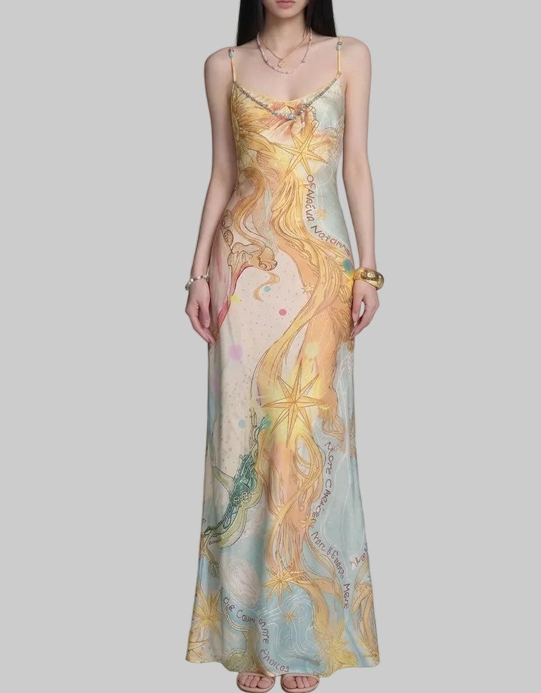 Celestial Printed Satin Maxi Dress