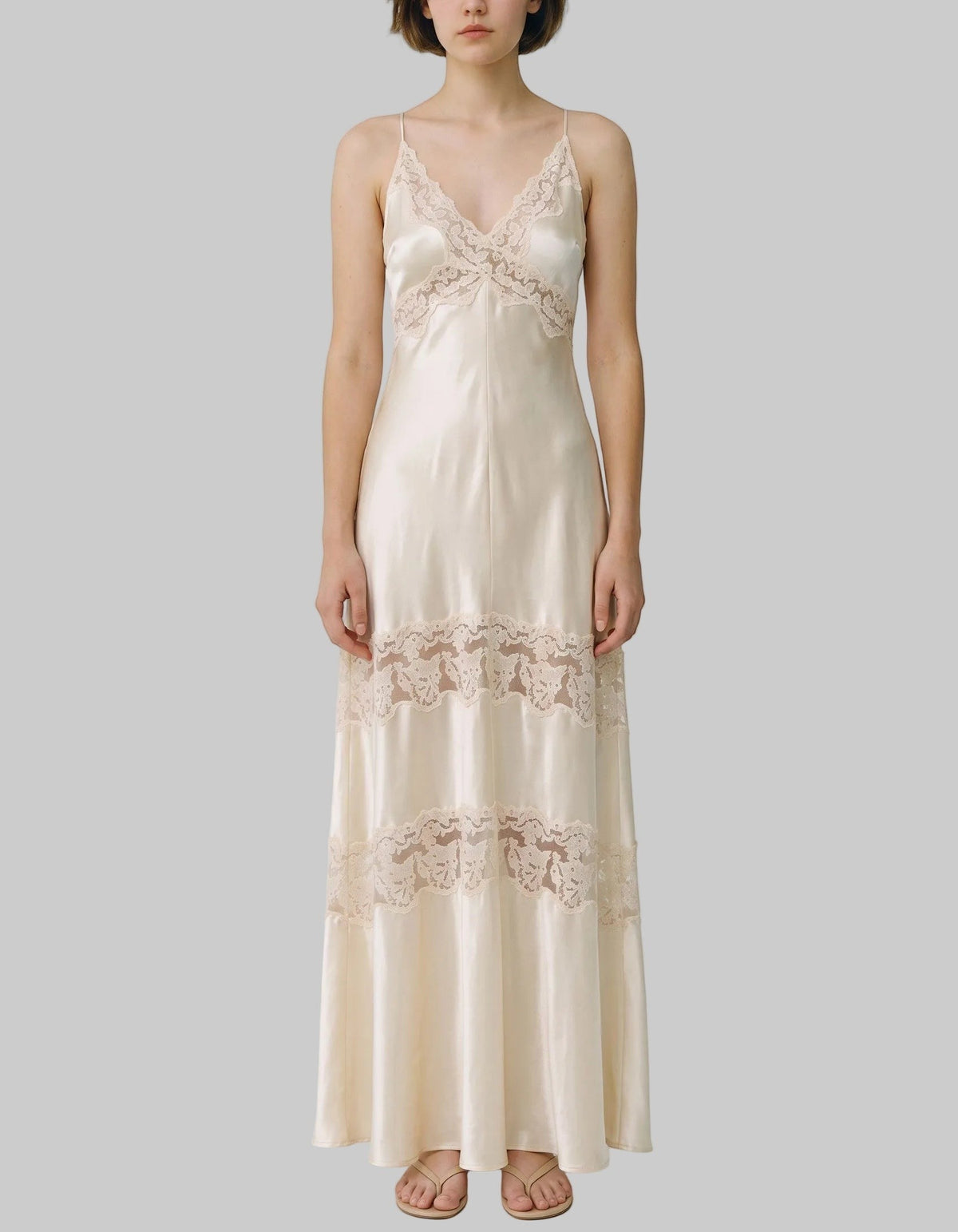 Champagne Lace Trim Satin Slip Maxi Dress