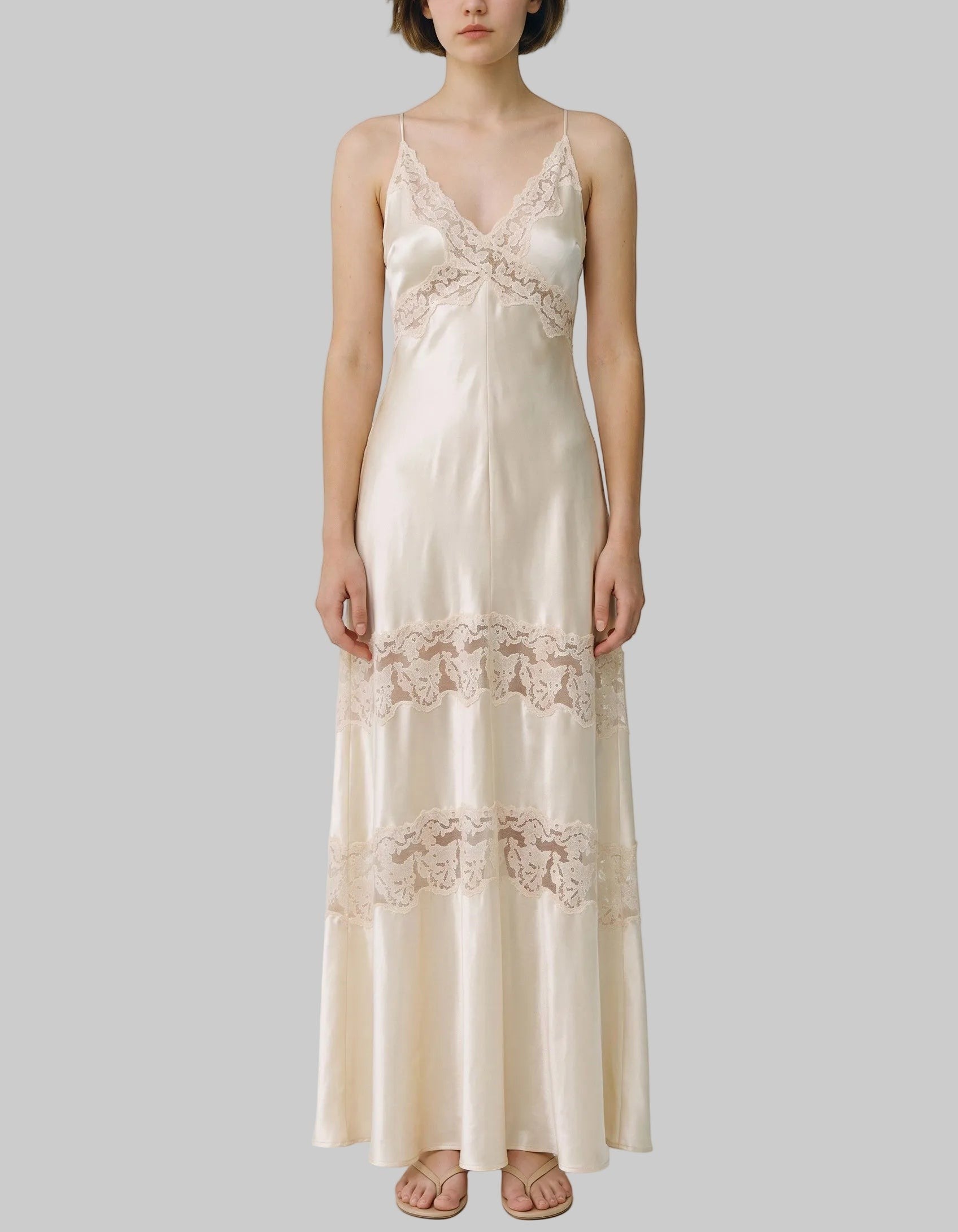 Vintage Lace Trim Satin Slip Maxi Dress in Champagne