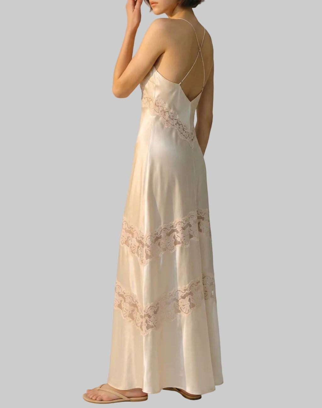 Vintage Lace Trim Satin Slip Maxi Dress in Champagne