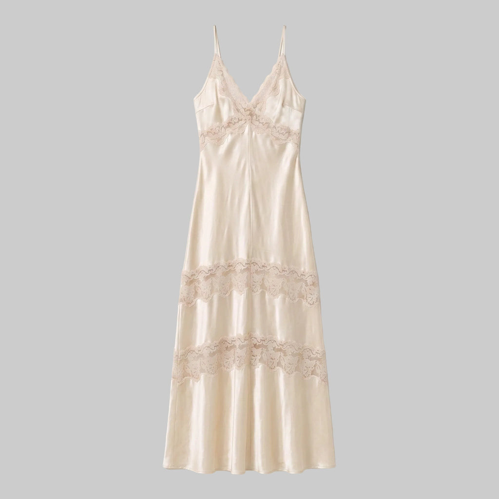 Vintage Lace Trim Satin Slip Maxi Dress in Champagne