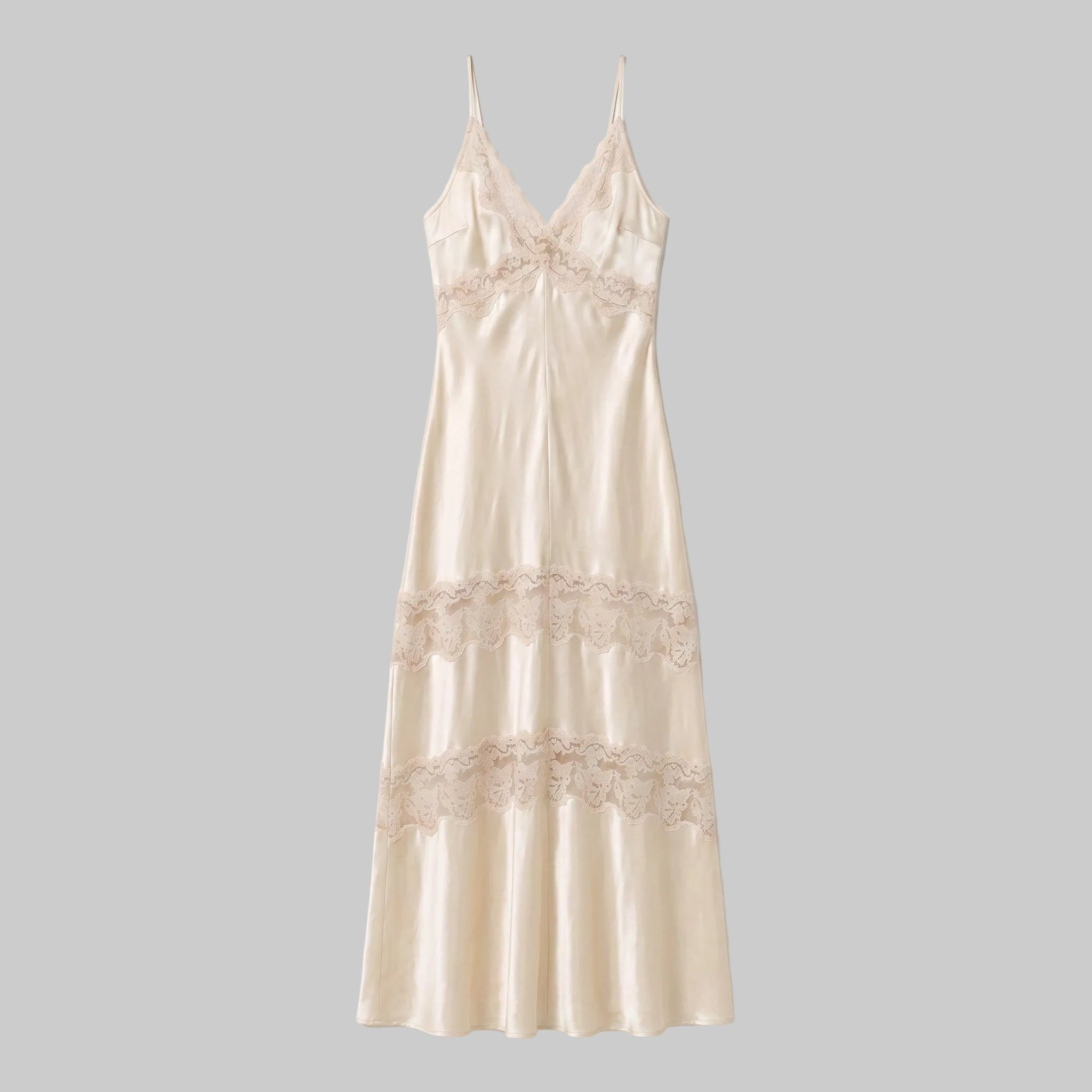 Vintage Lace Trim Satin Slip Maxi Dress in Champagne