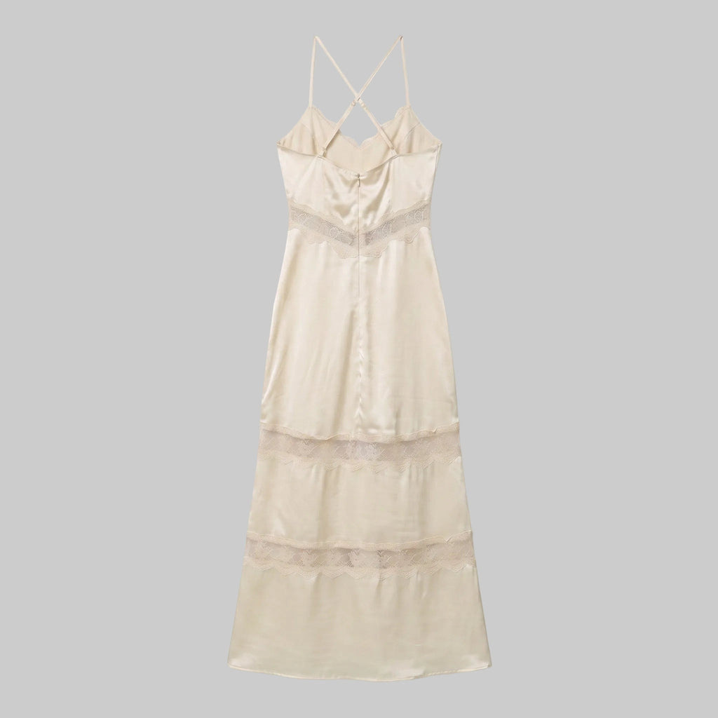 Vintage Lace Trim Satin Slip Maxi Dress in Champagne